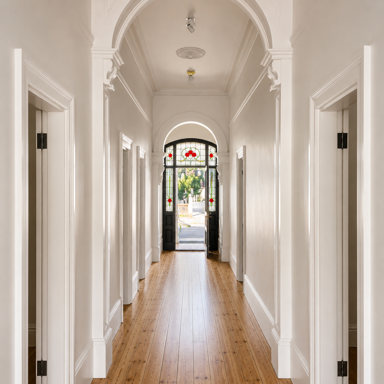 Completed heritage hallway restoration with polished timber flooring, decorative archways and restored period details