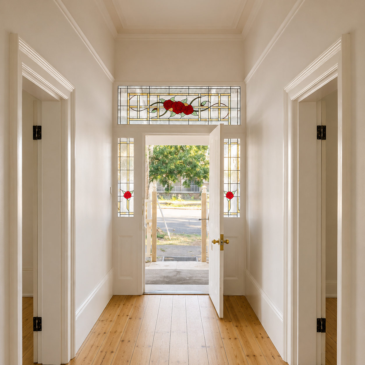 Restored heritage hallway featuring polished timber floors, ornate archways and original stained glass in Beechworth home