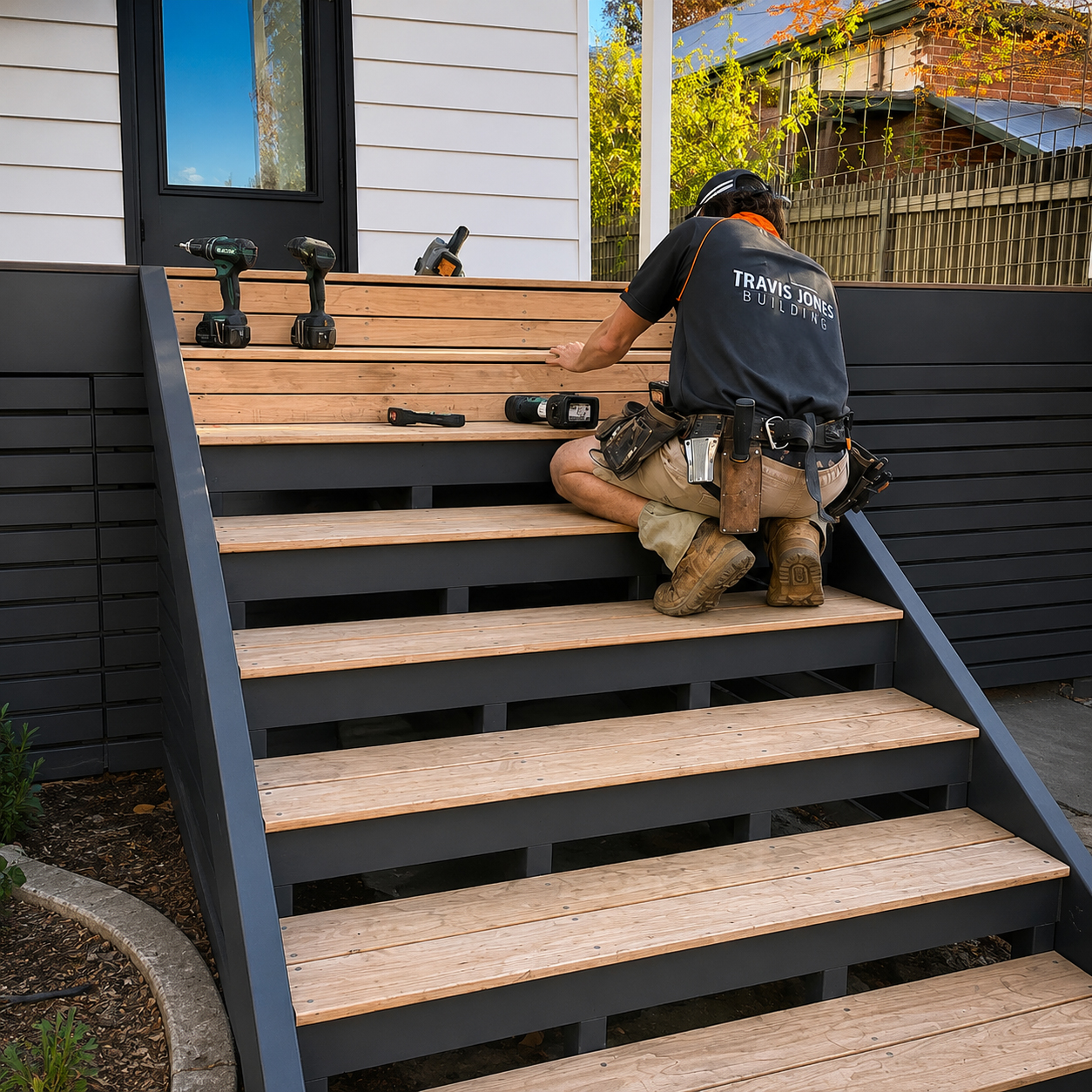 Builder constructing new timber stairs and deck during heritage home restoration in Beechworth.