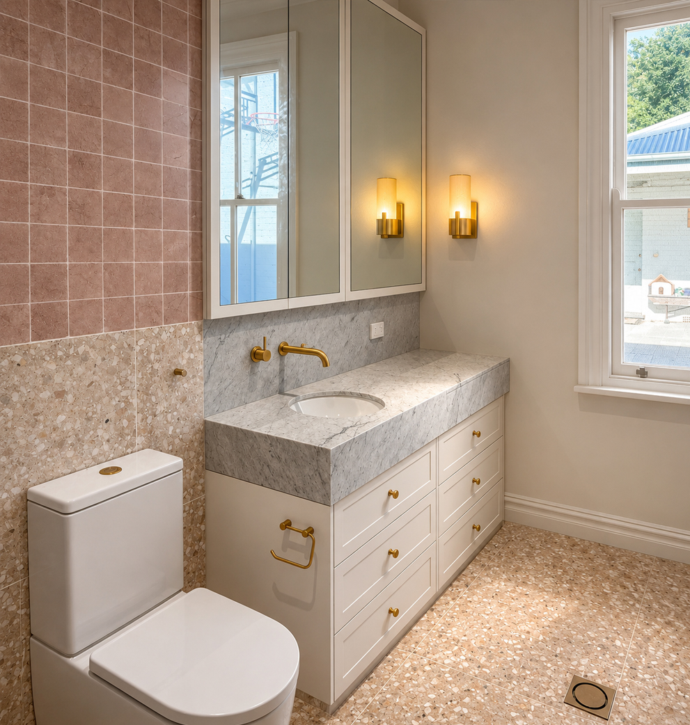 Luxury bathroom renovation with custom marble vanity by Travis Jones Building in Albury-Wodonga.