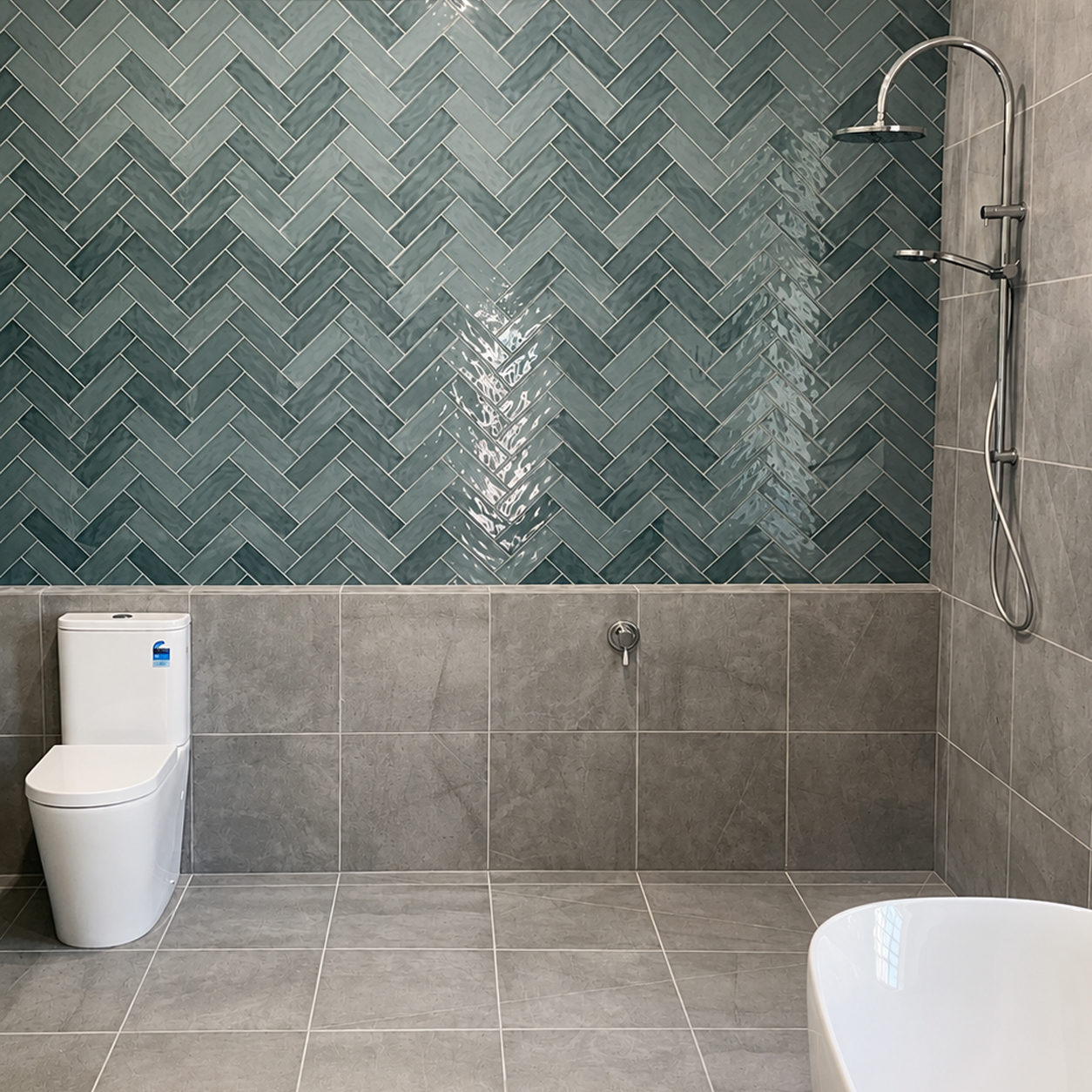 Contemporary bathroom with feature herringbone tiles at Dalriada farmhouse