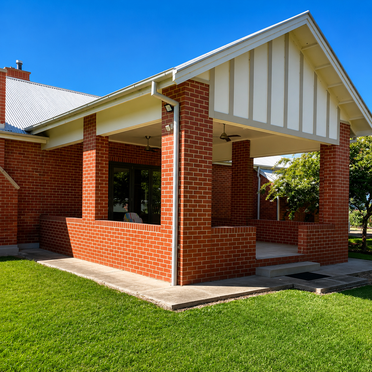 Brick extension and verandah at the restored Dalriada farmhouse