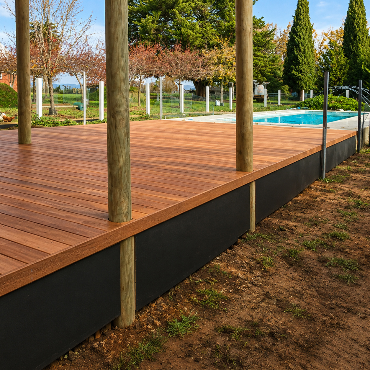 Elevated timber deck overlooking the swimming pool at Dalriada farmhouse renovation