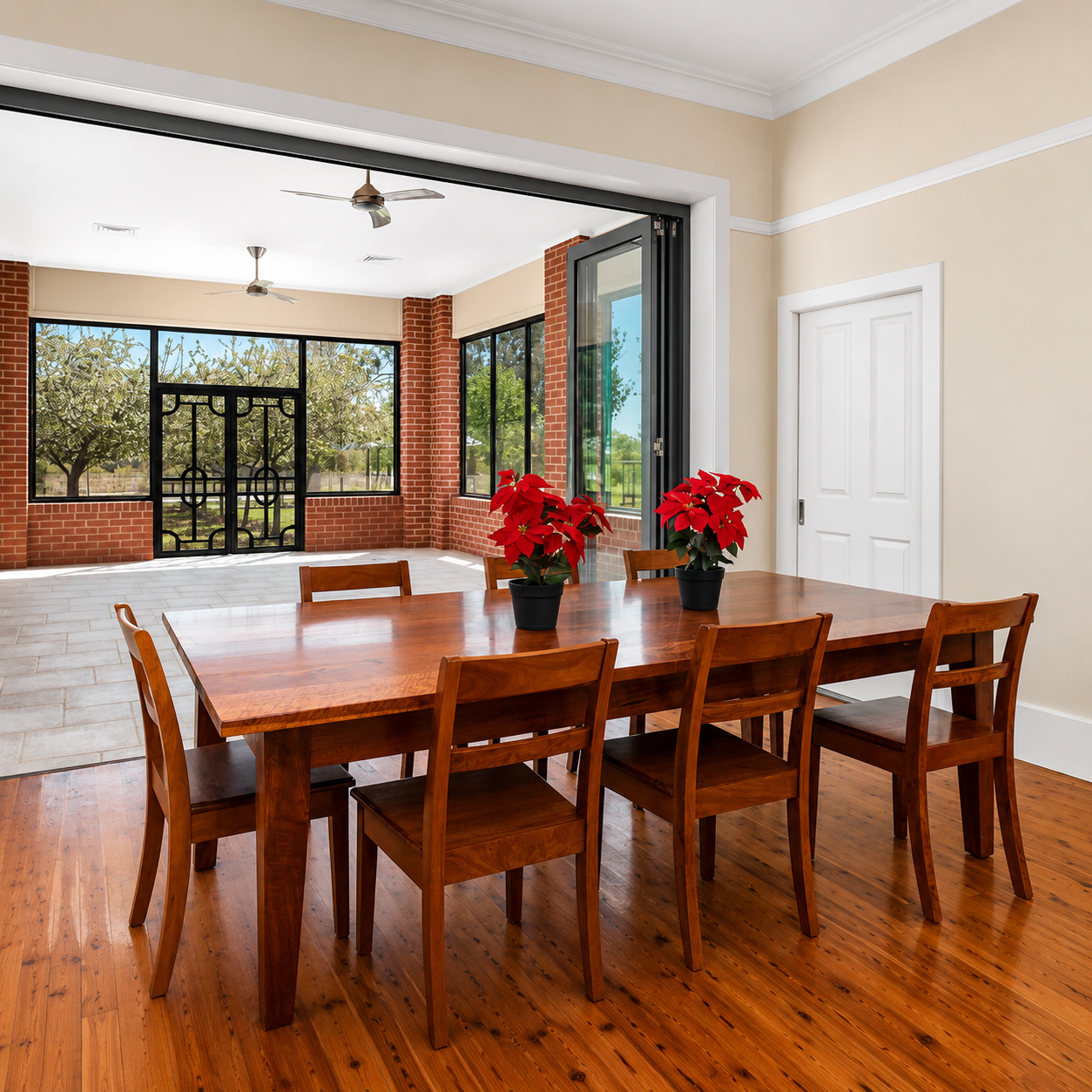 Dining room opening onto the outdoor entertaining area at Dalriada farmhouse