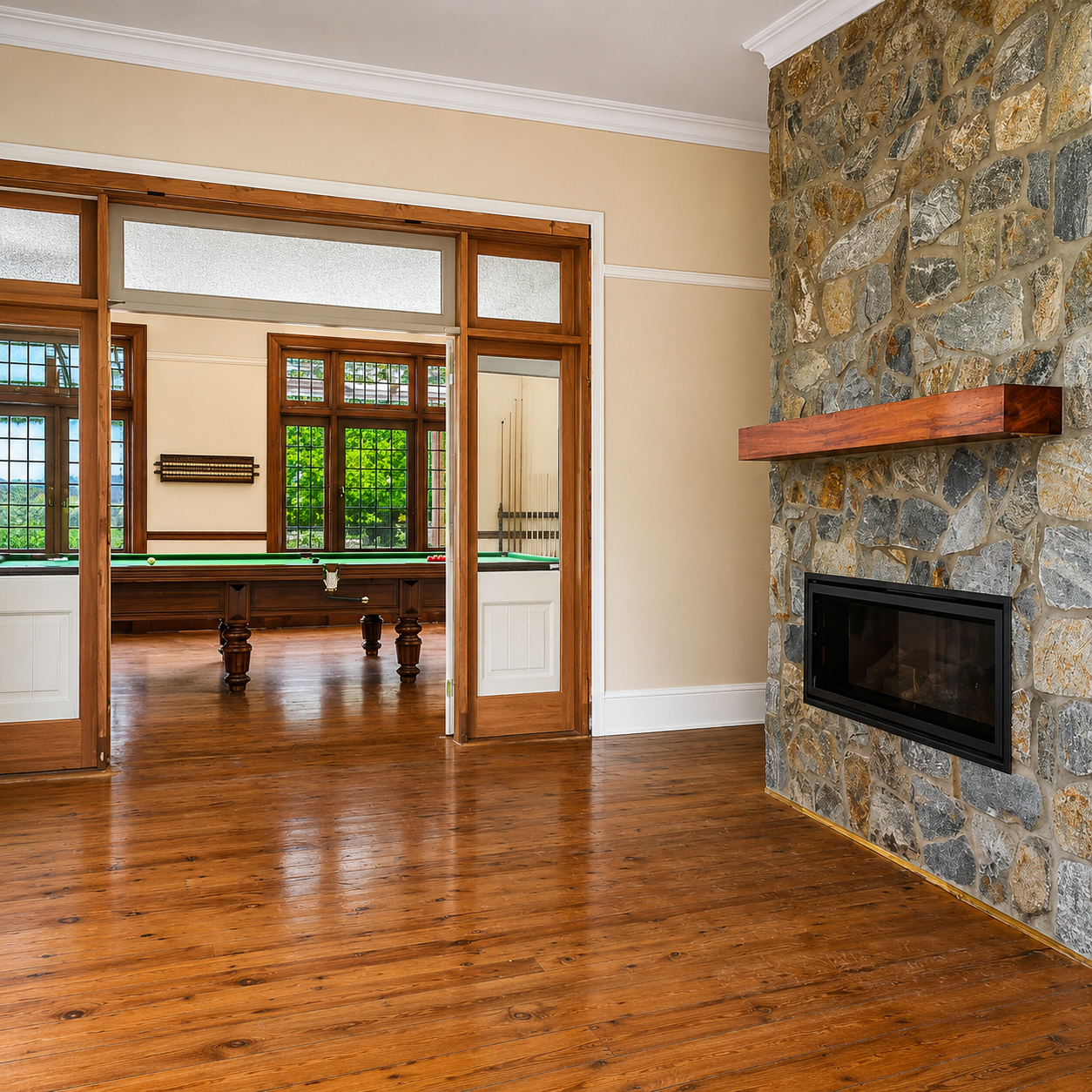 Natural stone fireplace restored within the Dalriada farmhouse living area