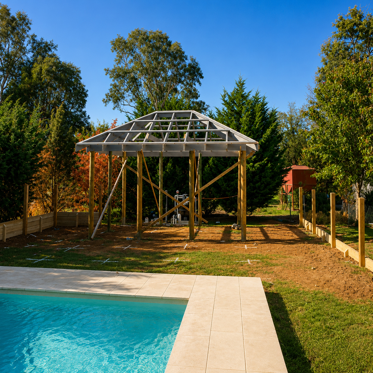 Timber pavilion construction during the Dalriada farmhouse renovation
