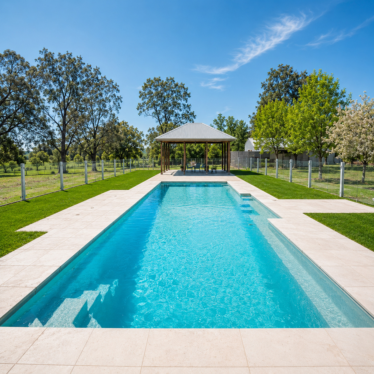 Swimming pool with rural views at the completed Dalriada farmhouse renovation