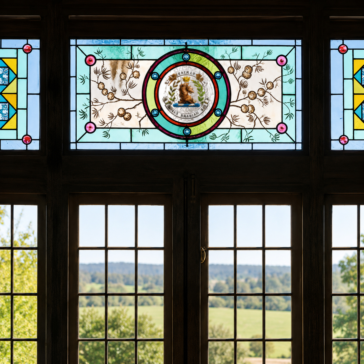 Restored heritage stained glass feature at Dalriada farmhouse