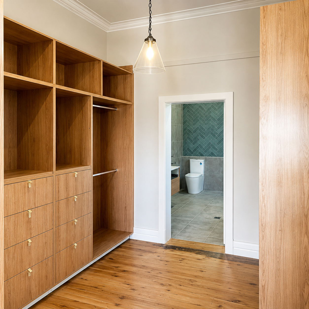 Custom timber walk-in robe and ensuite at Dalriada farmhouse