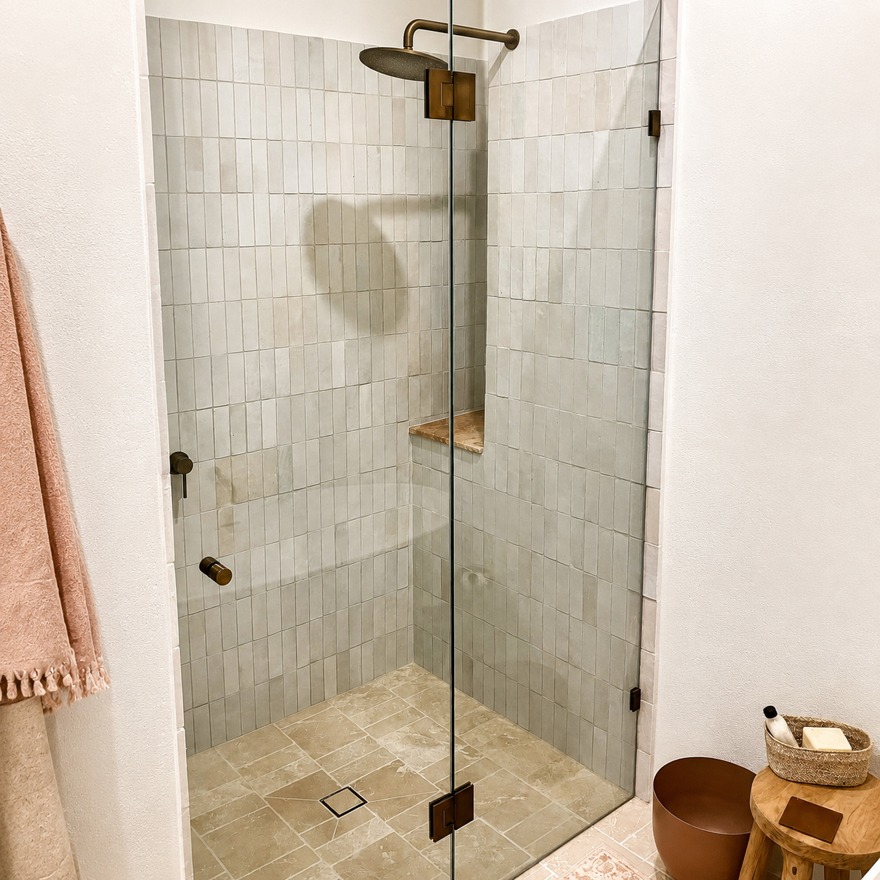 Frameless glass shower with handmade wall tiles, bronze rainfall shower and natural stone flooring in an East Albury bathroom renovation