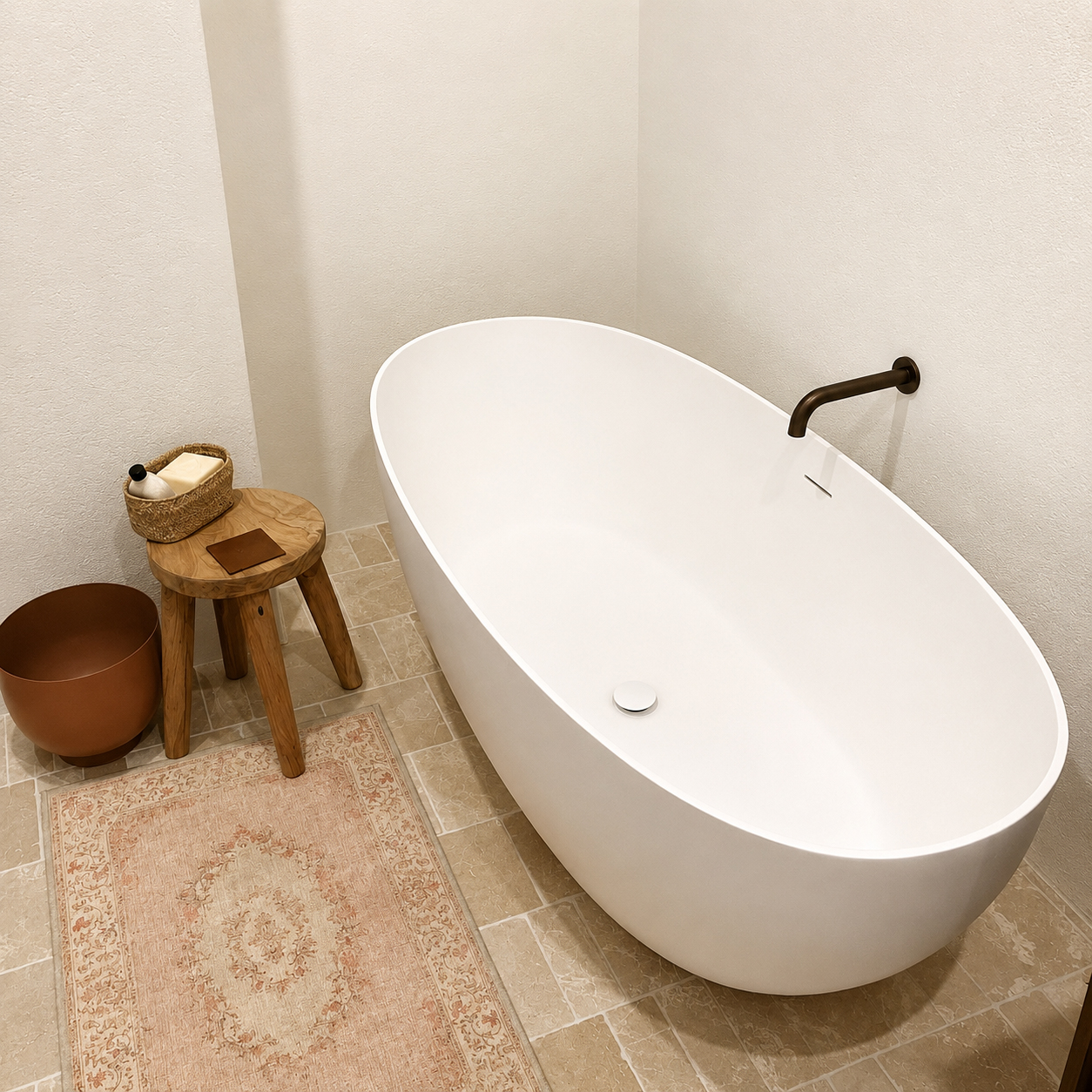 Freestanding bath with natural stone flooring and modern bronze fixtures in an East Albury bathroom renovation by Travis Jones Building