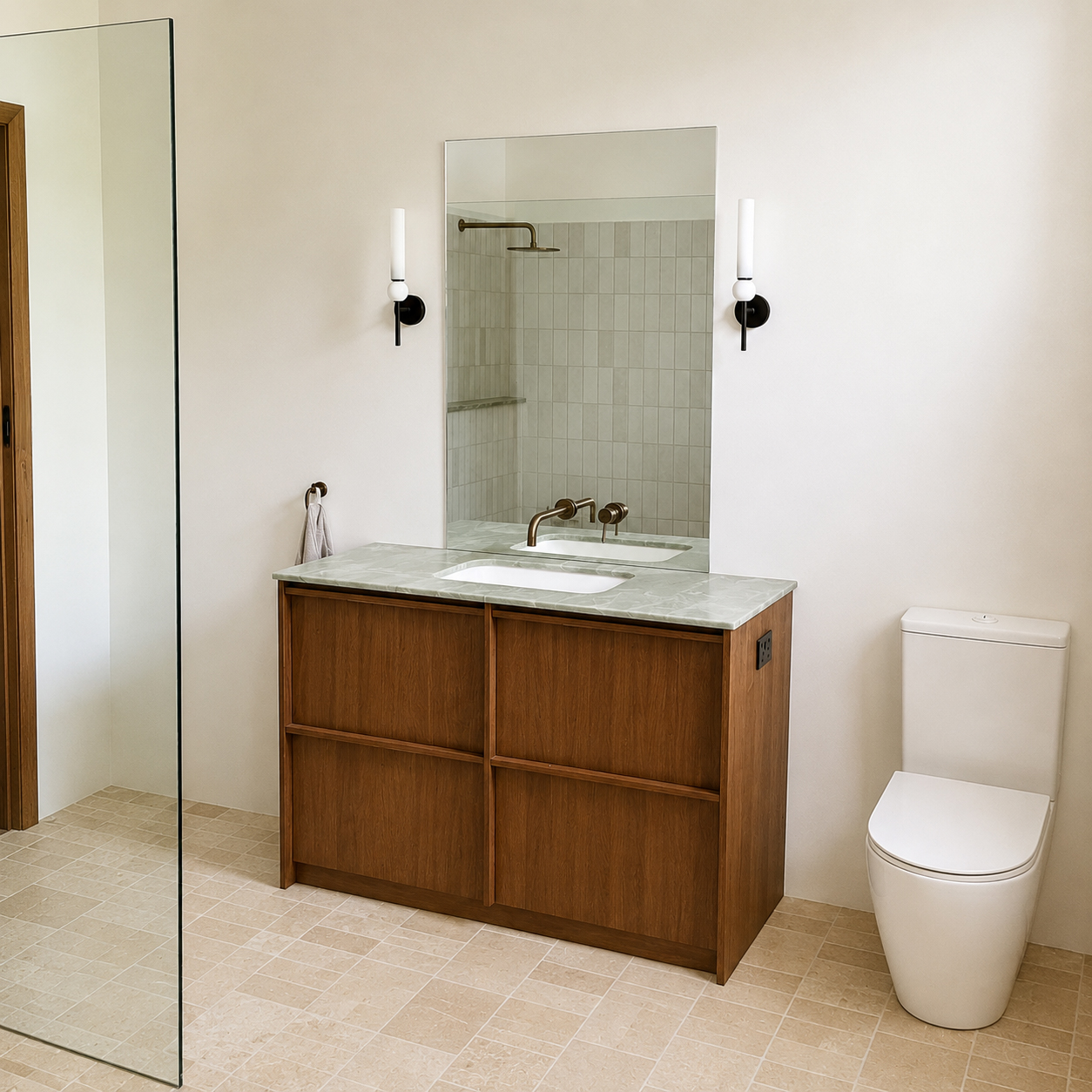 Custom timber vanity with stone benchtop, wall-mounted tapware and contemporary bathroom finishes in an East Albury bathroom renovation