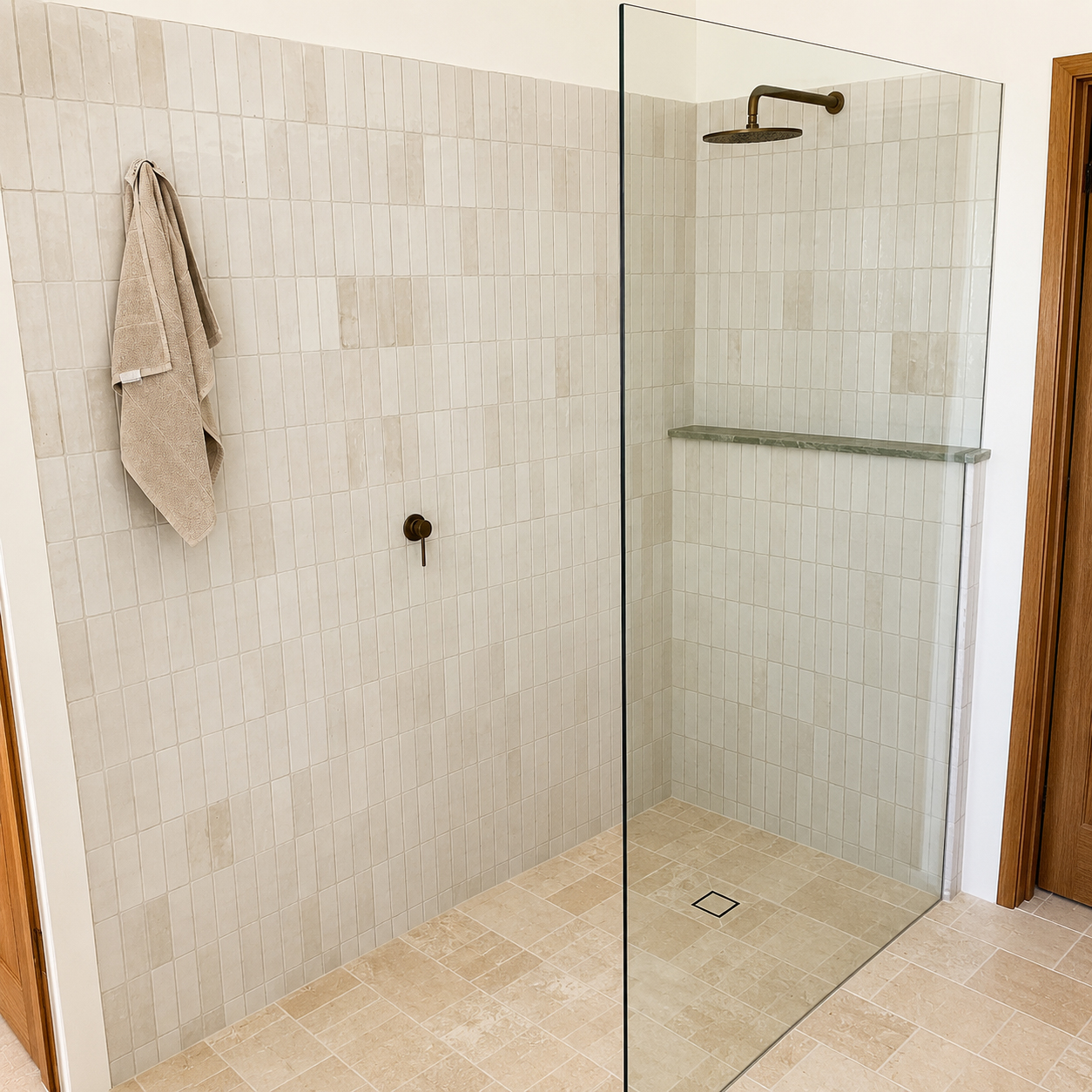 Walk-in shower with frameless glass screen, handmade wall tiles and bronze tapware in an East Albury bathroom renovation by Travis Jones Building