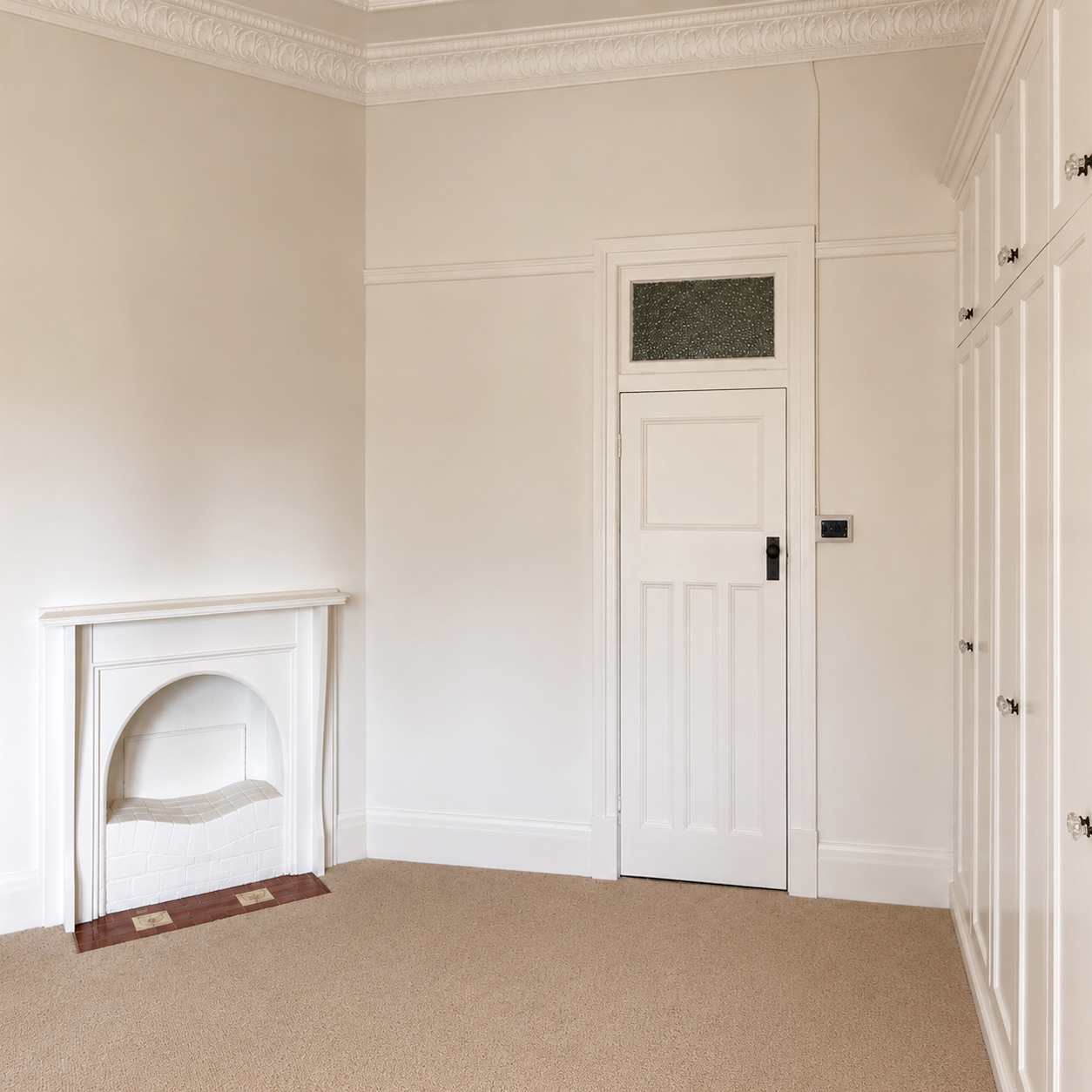 Heritage bedroom with restored fireplace and original high ceilings at Roachdale