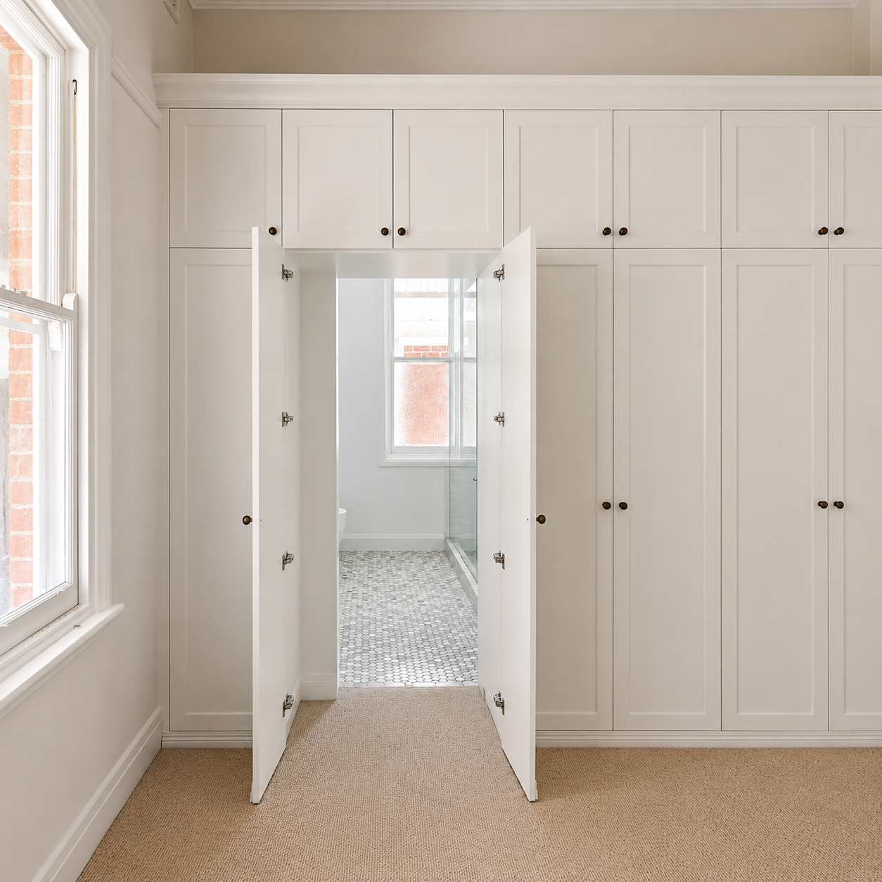 Heritage bathroom entry featuring marble mosaic flooring and custom joinery