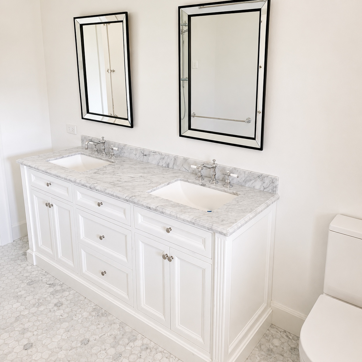 Double vanity with marble benchtop and custom cabinetry in Roachdale bathroom