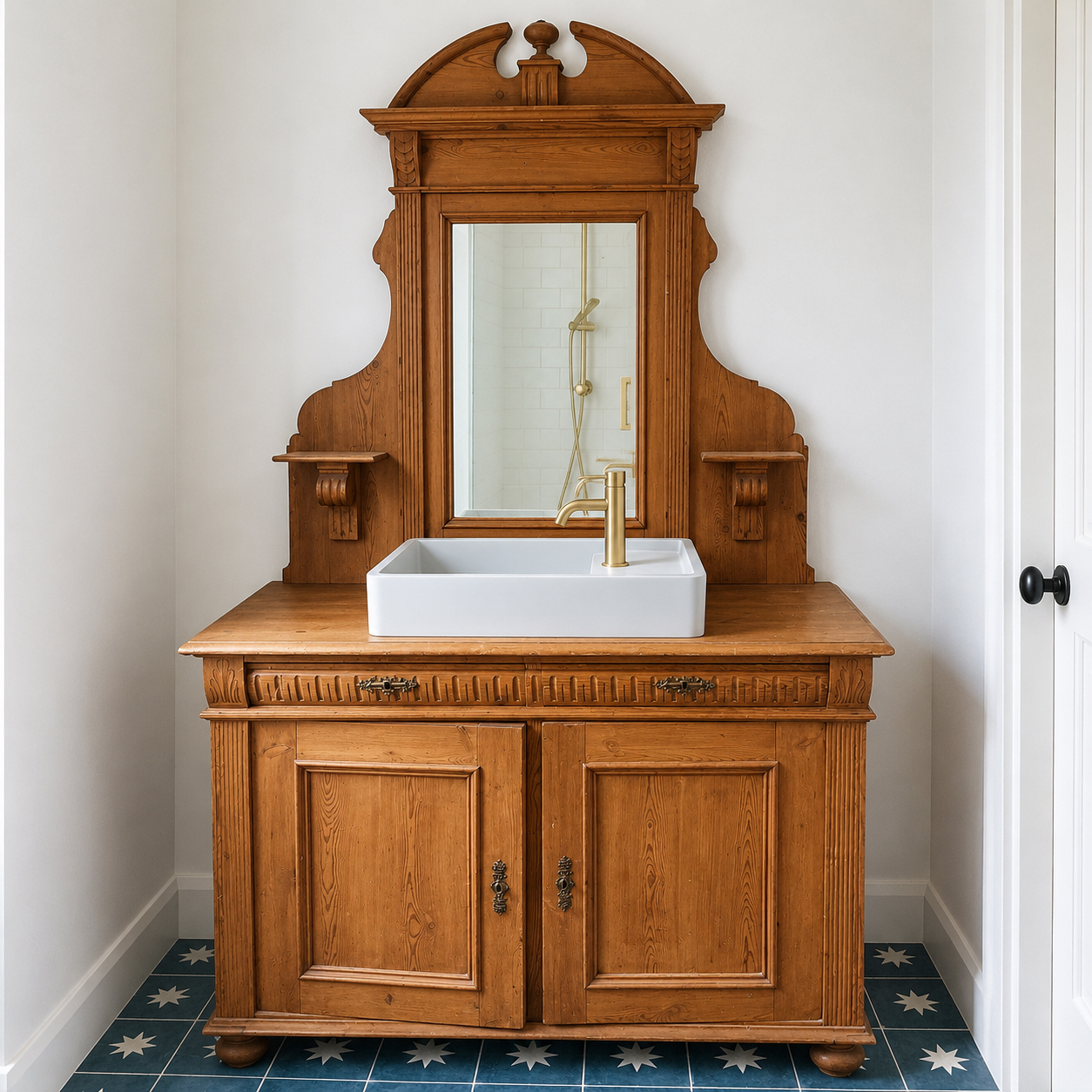 Restored antique timber vanity with vessel basin in heritage bathroom at Roachdale
