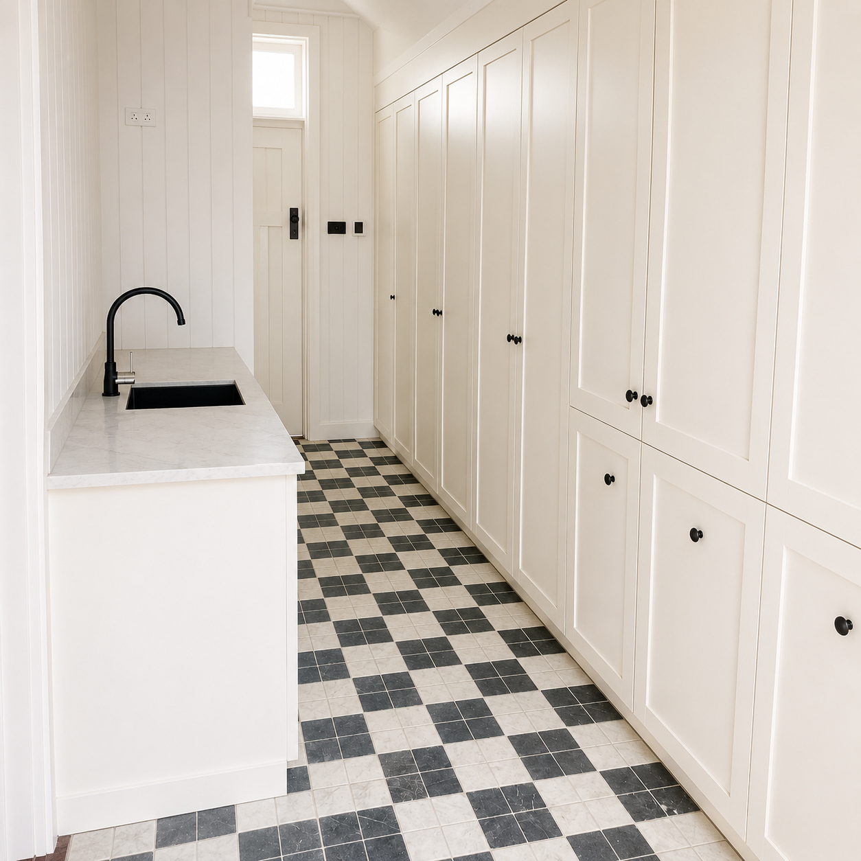 Custom laundry with full-height cabinetry and stone benchtop at Roachdale