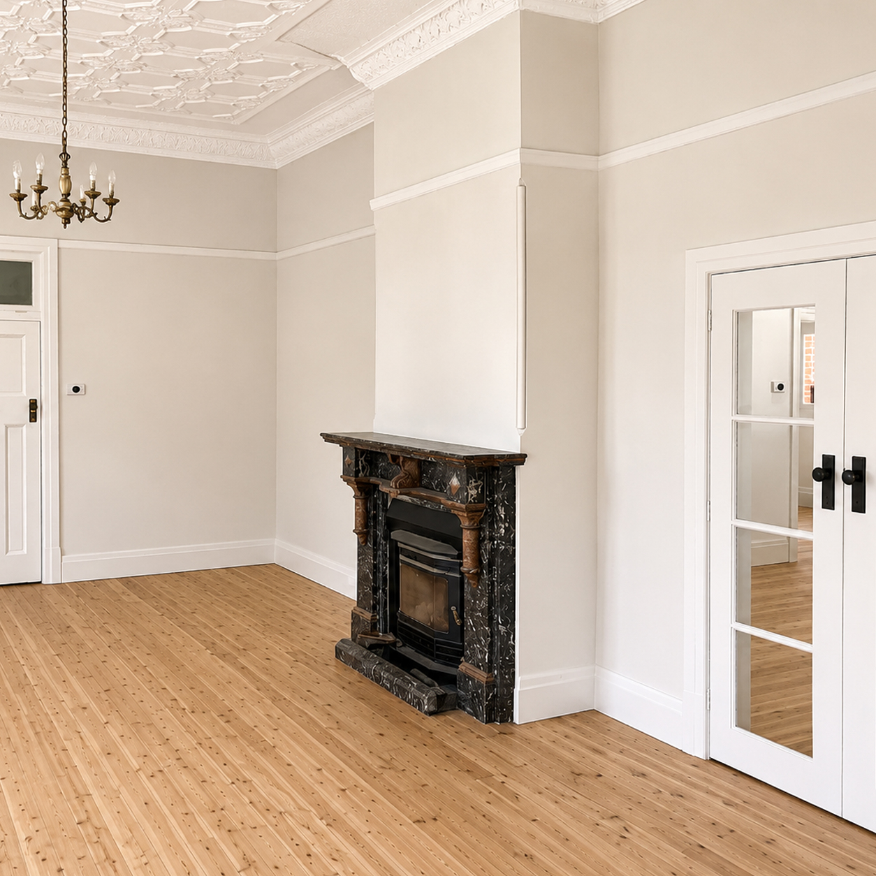 Heritage living room featuring restored marble fireplace and decorative ceilings at Roachdale
