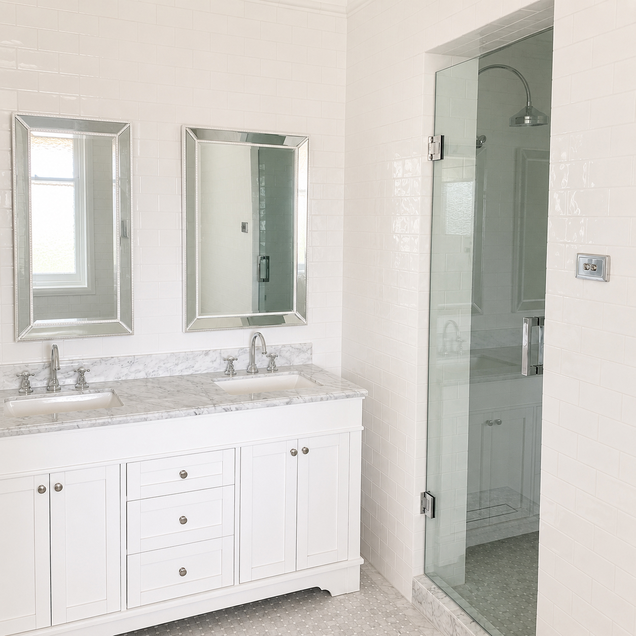 Luxury heritage bathroom with custom vanity and marble benchtop at Roachdale