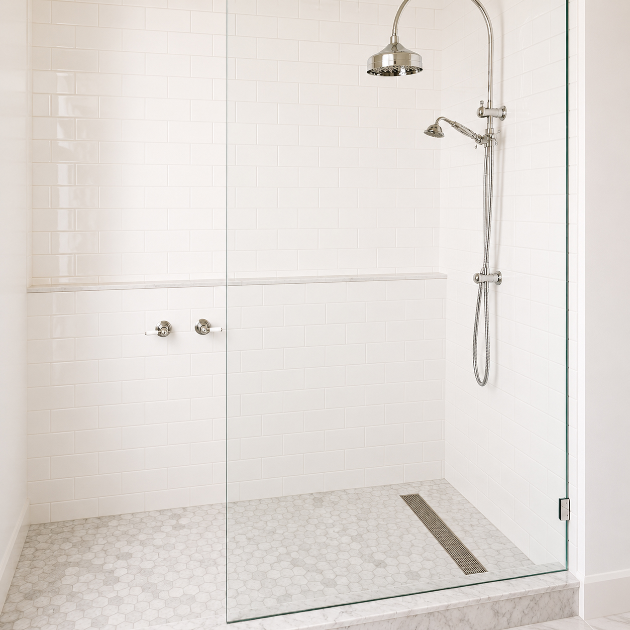 Frameless glass shower with subway tiles and marble flooring at Roachdale