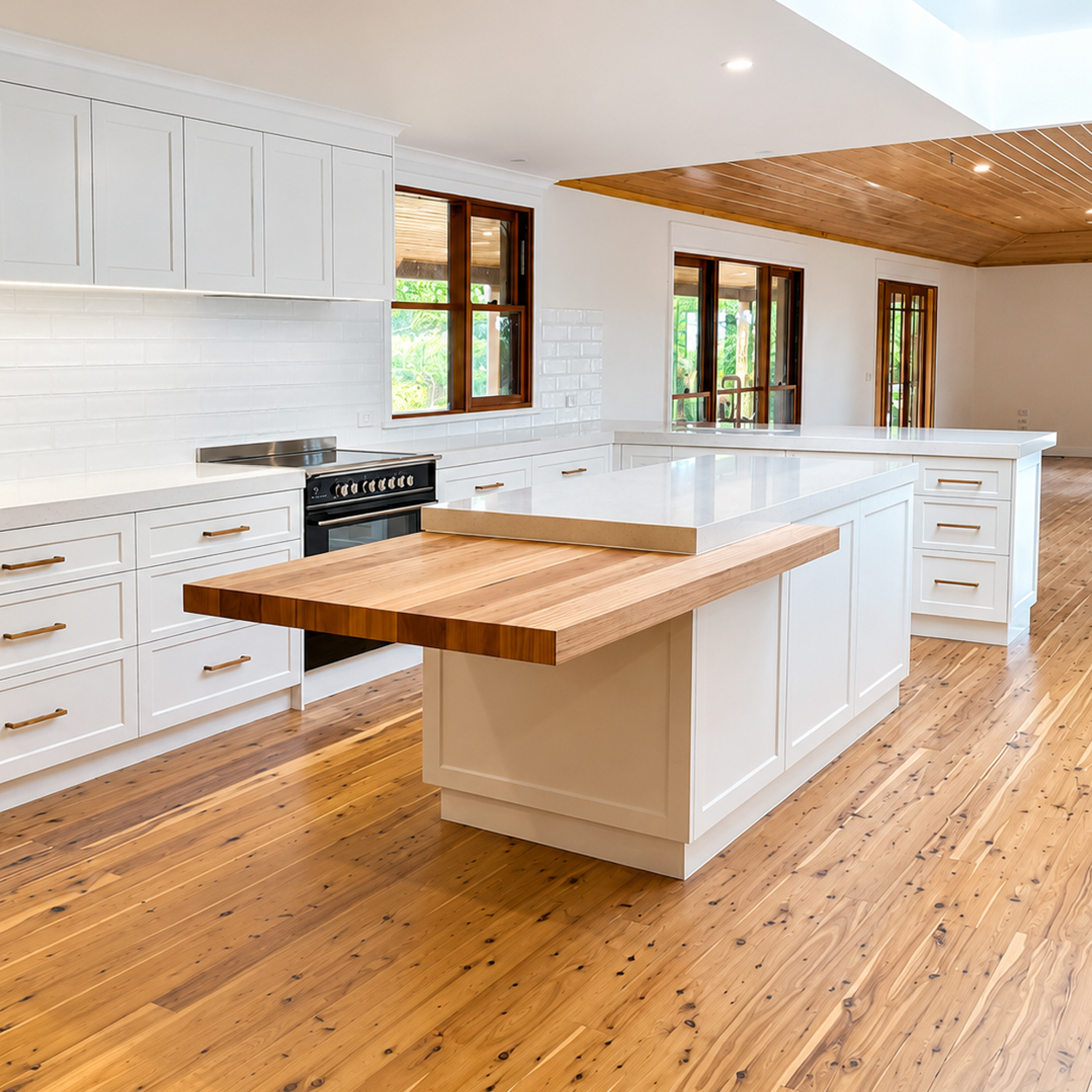 Spacious custom country kitchen with shaker cabinetry, timber island and stone benchtops