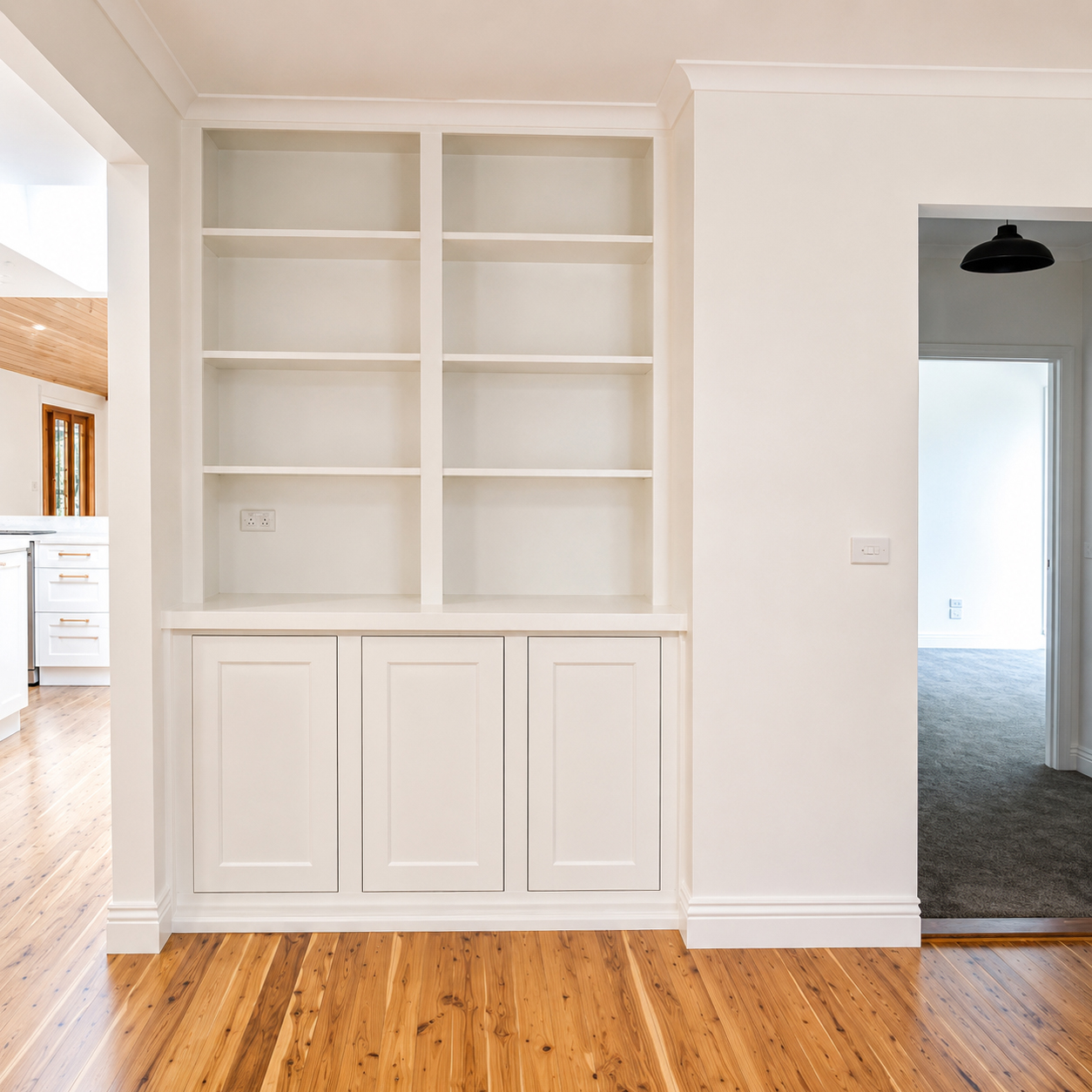Bespoke built-in display cabinet with shelving and storage cabinetry