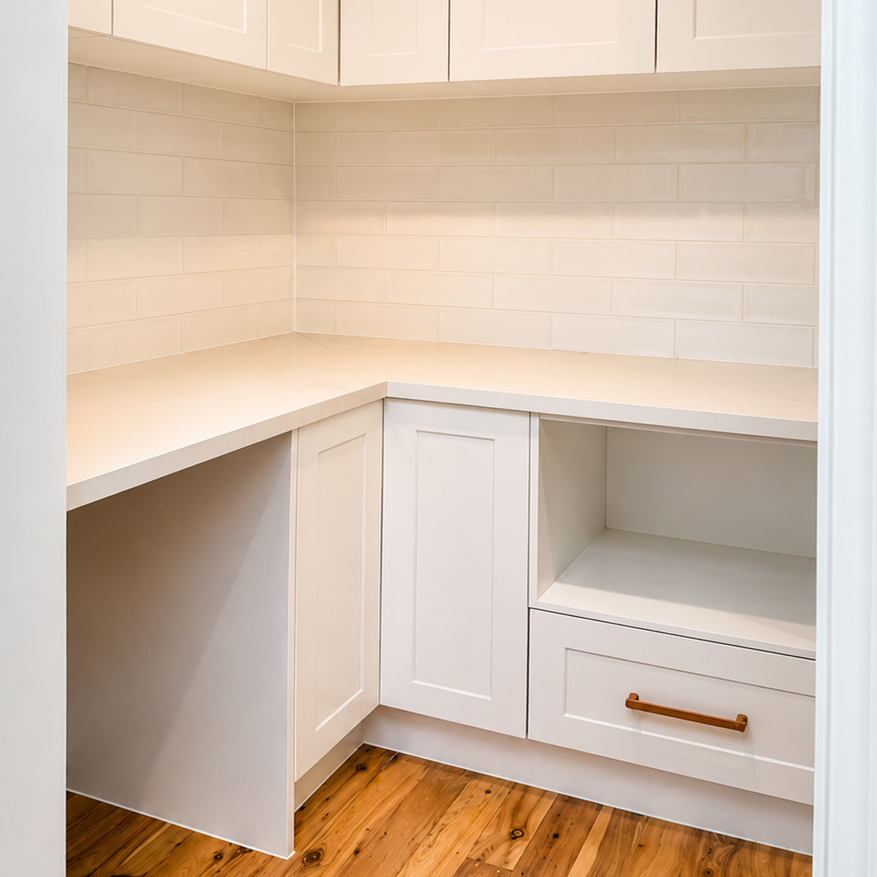 Custom pantry with cabinetry, stone benchtops and subway tile splashback at Westby Road project