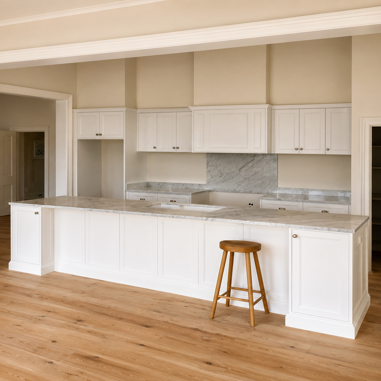 Spacious country kitchen with shaker cabinetry and stone benchtops in farmhouse renovation