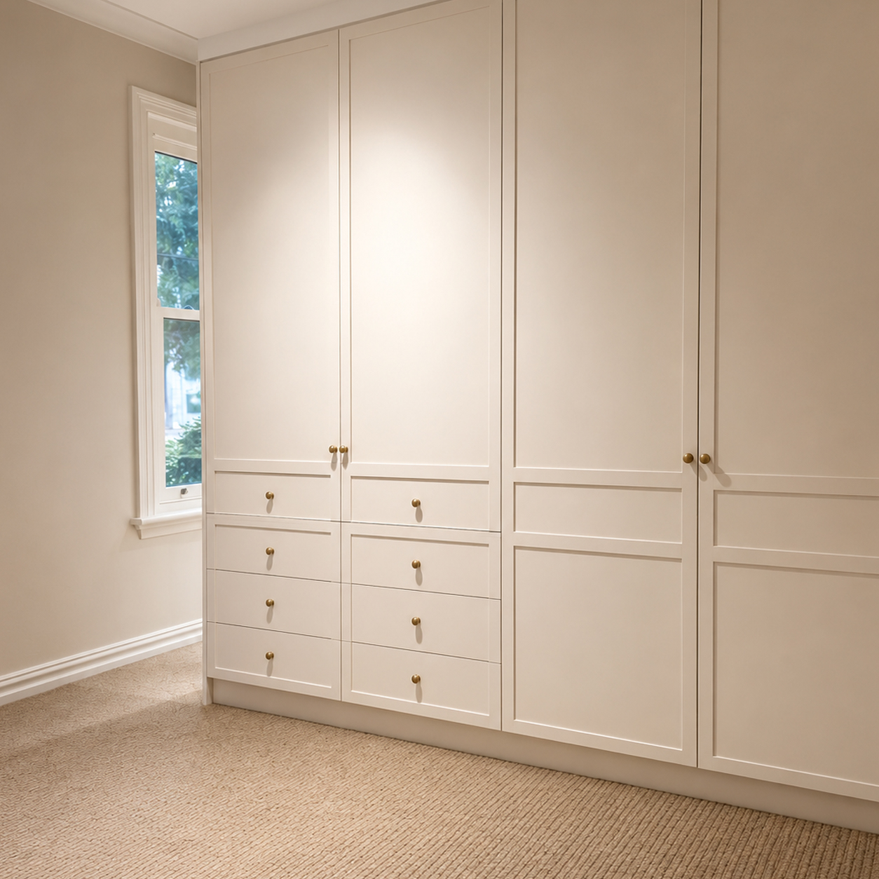 Custom built-in wardrobes and cabinetry in renovated heritage farmhouse bedroom