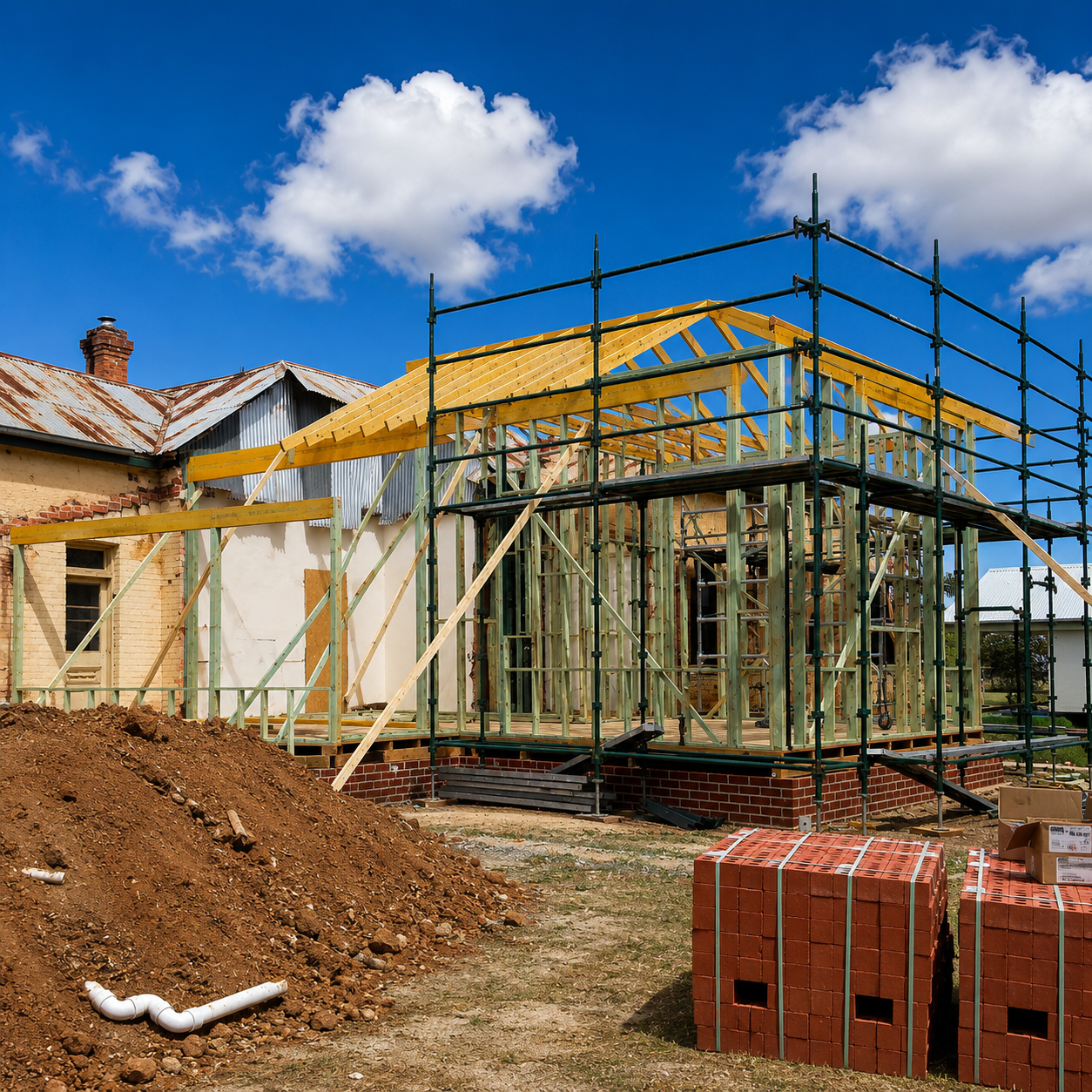 Timber framing and roof construction during heritage farmhouse extension