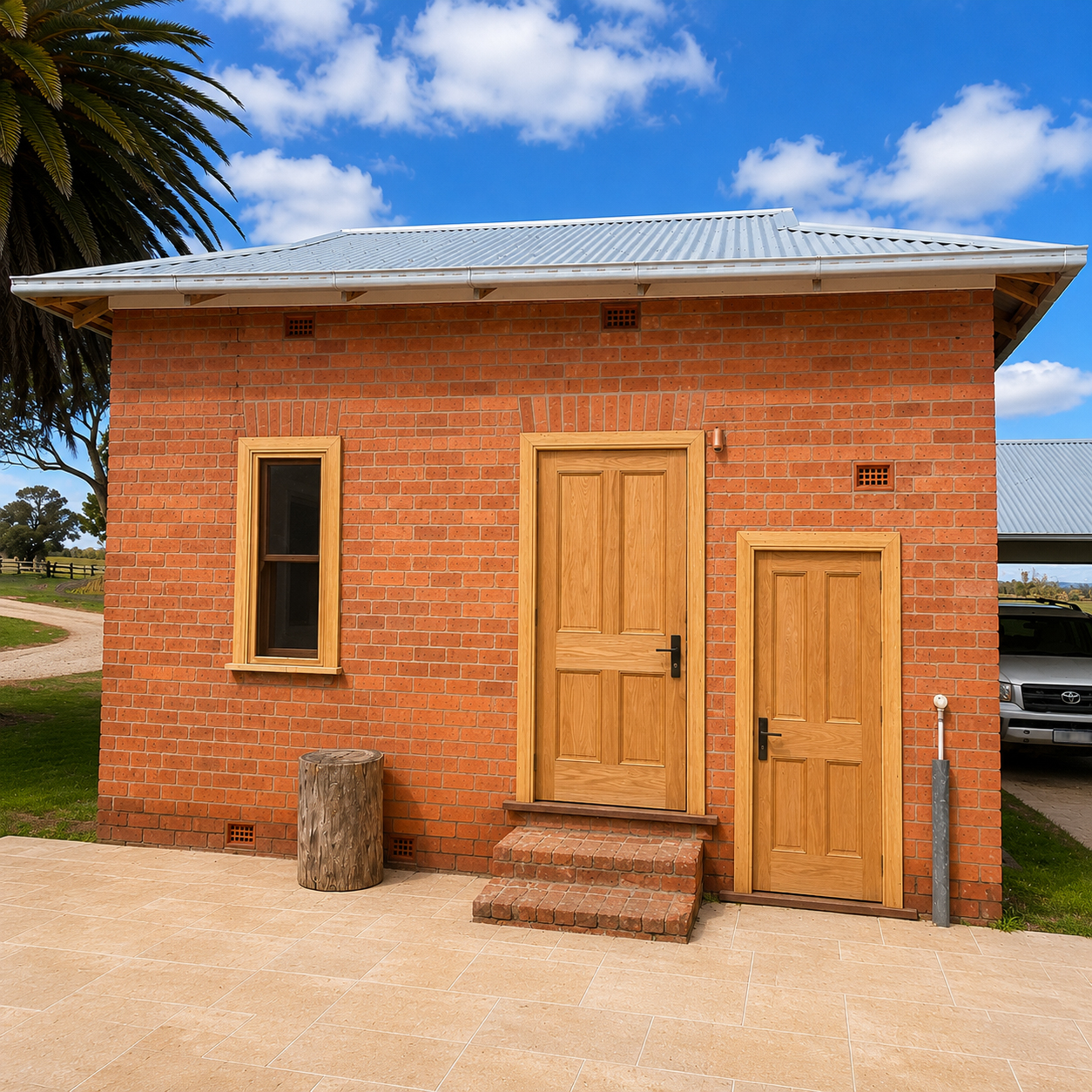 Restored heritage brick outbuilding with new timber doors at Woodlands farmhouse renovation
