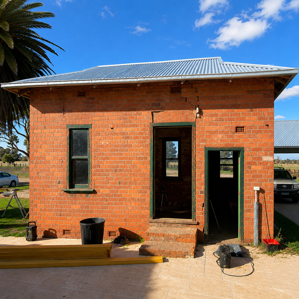 Original heritage brick outbuilding before restoration at Woodlands farmhouse renovation