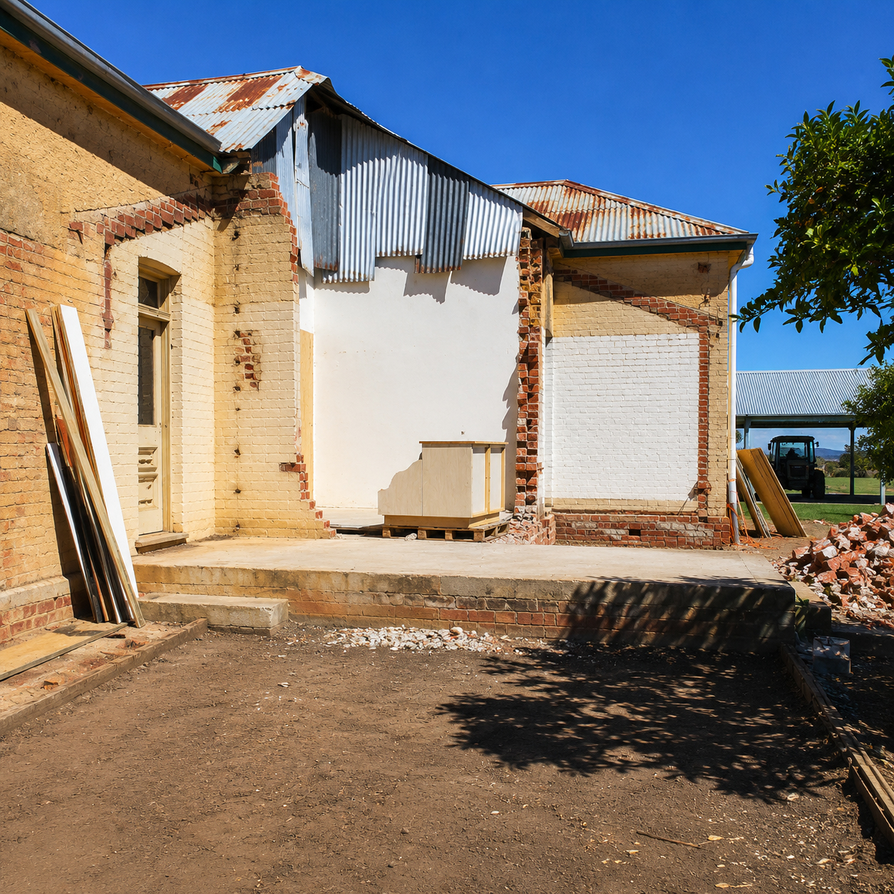 Heritage farmhouse renovation during construction showing extension in progress