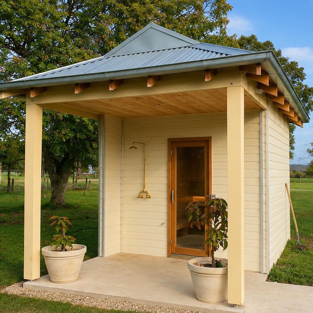 Custom-built outdoor cedar sauna complementing the Woodlands farmhouse renovation