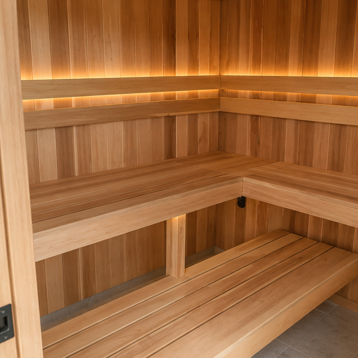 Custom cedar sauna interior with tiered timber seating in luxury farmhouse renovation