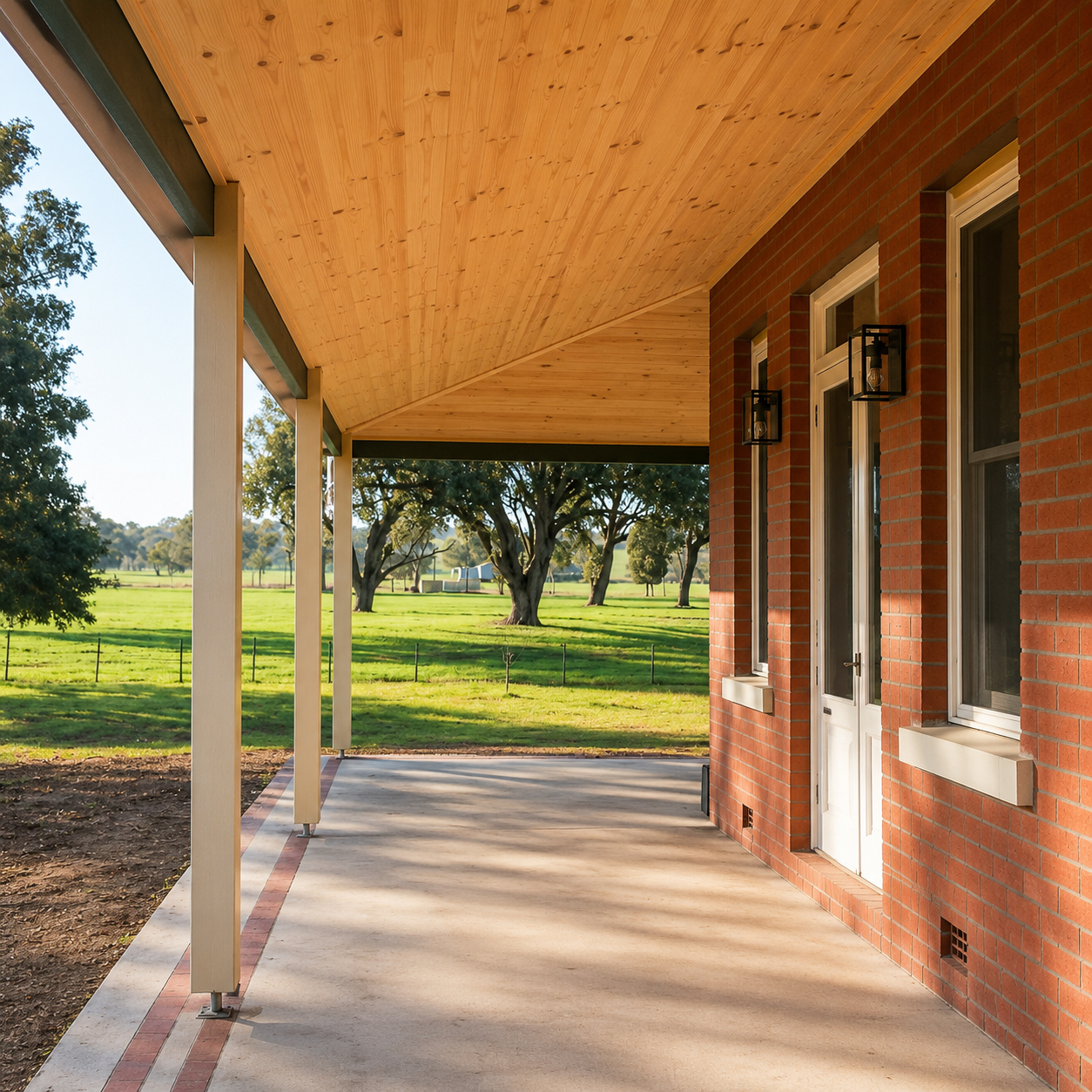 Timber-lined verandah showcasing quality craftsmanship at renovated heritage farmhouse