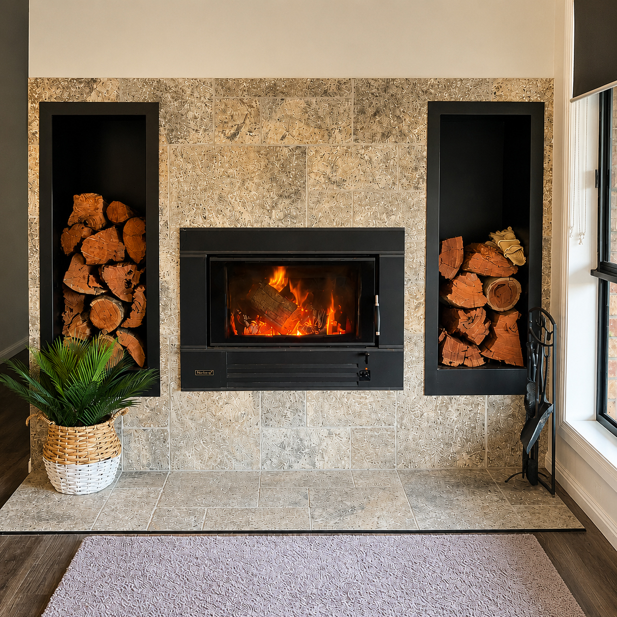 Stone feature fireplace with built-in timber storage completed as part of the Woomargama home renovation