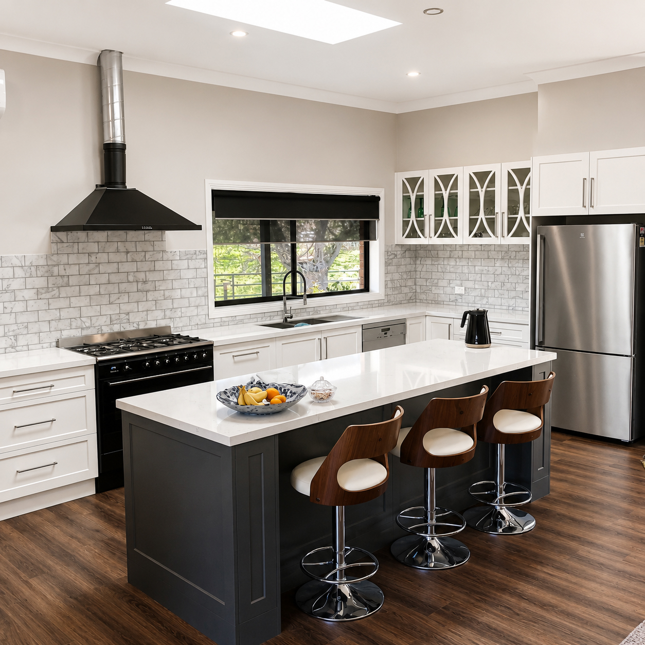 Open-plan kitchen renovation with oversized island, skylight and custom cabinetry by Travis Jones Building