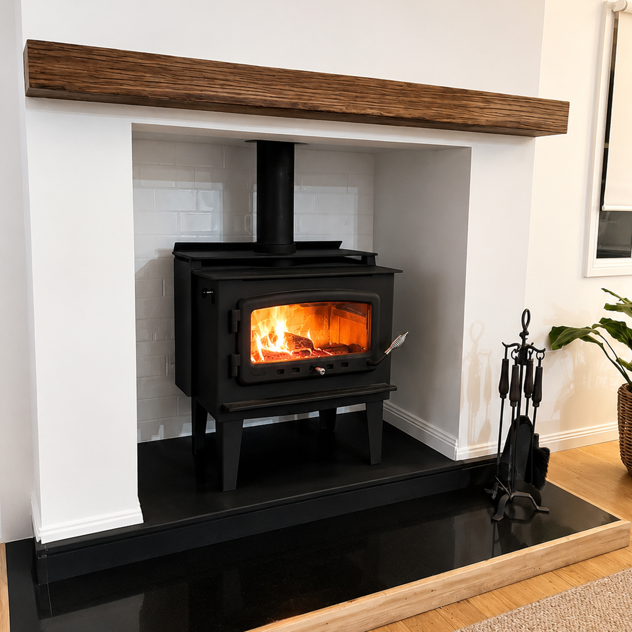Custom stone fireplace renovation with timber mantle