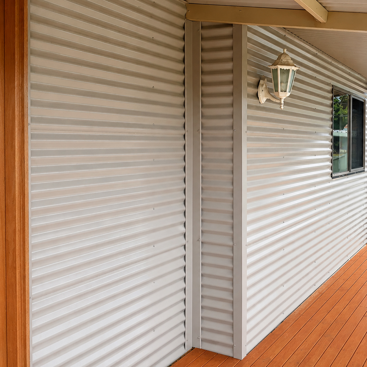 Renovated front entrance with timber stairs and custom door, colorbond cladding