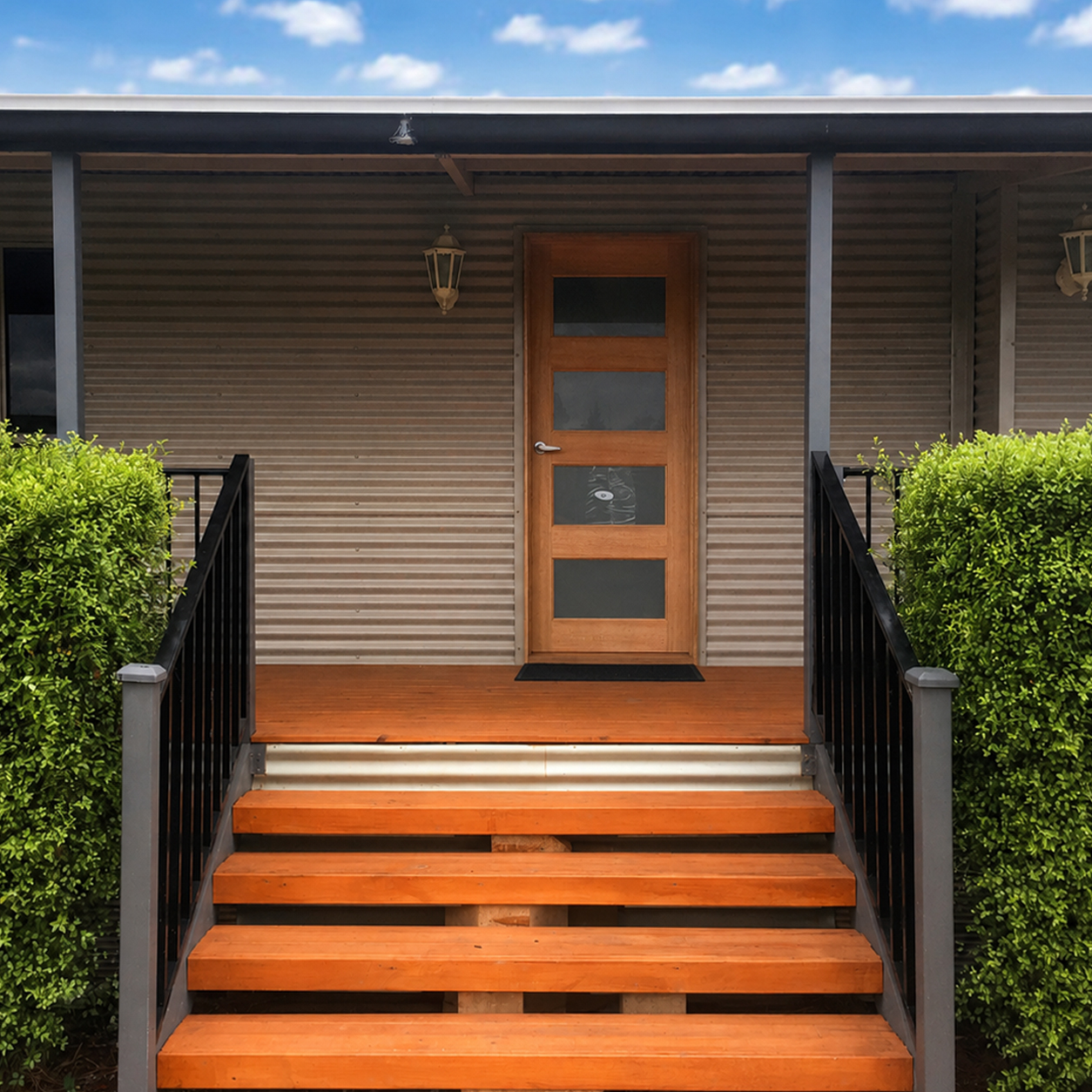 Timber front entry door installed during home renovation