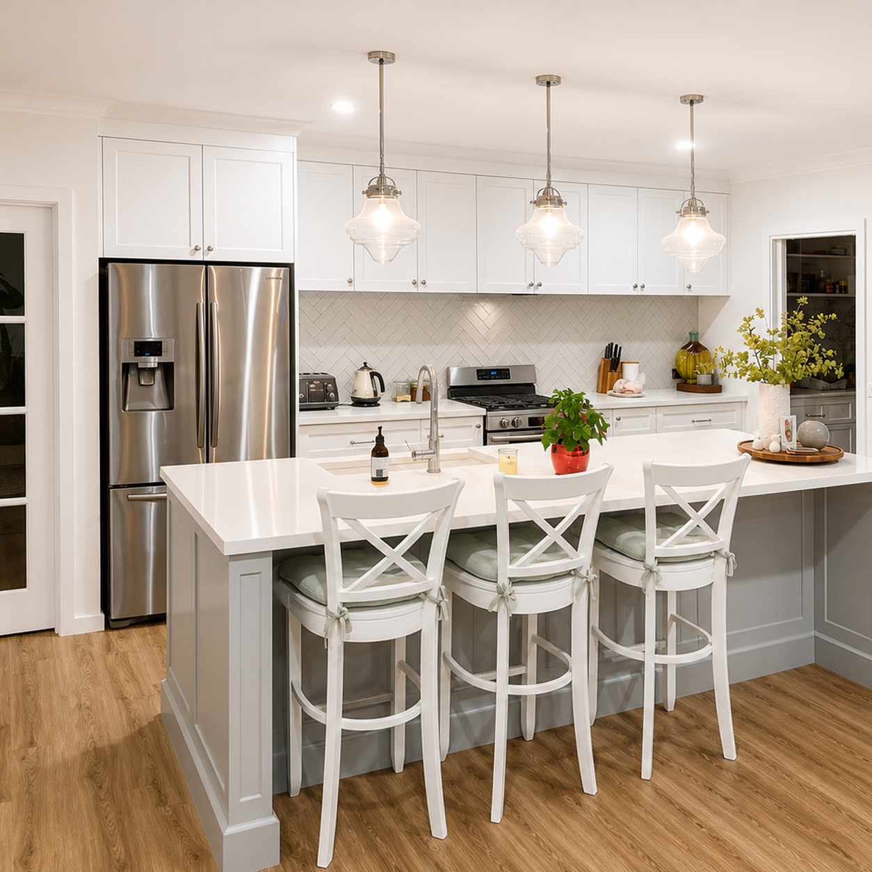 Modern kitchen renovation with island bench and stone benchtops