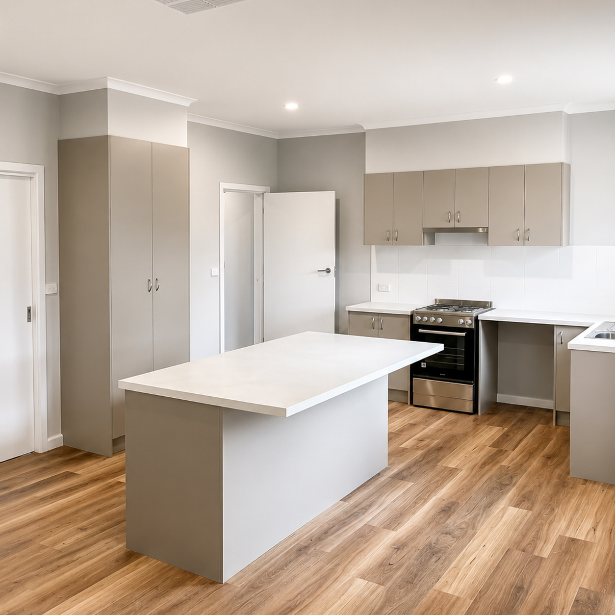 Open plan kitchen renovation with island bench and timber flooring