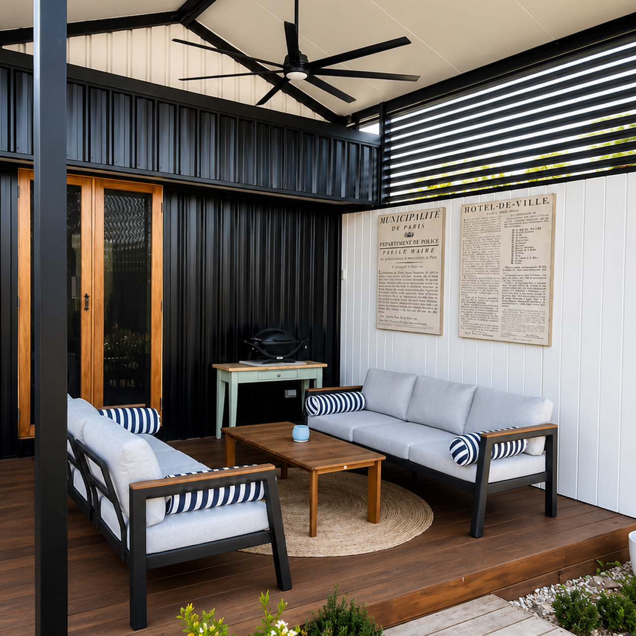 Covered outdoor living renovation with custom timber ceiling