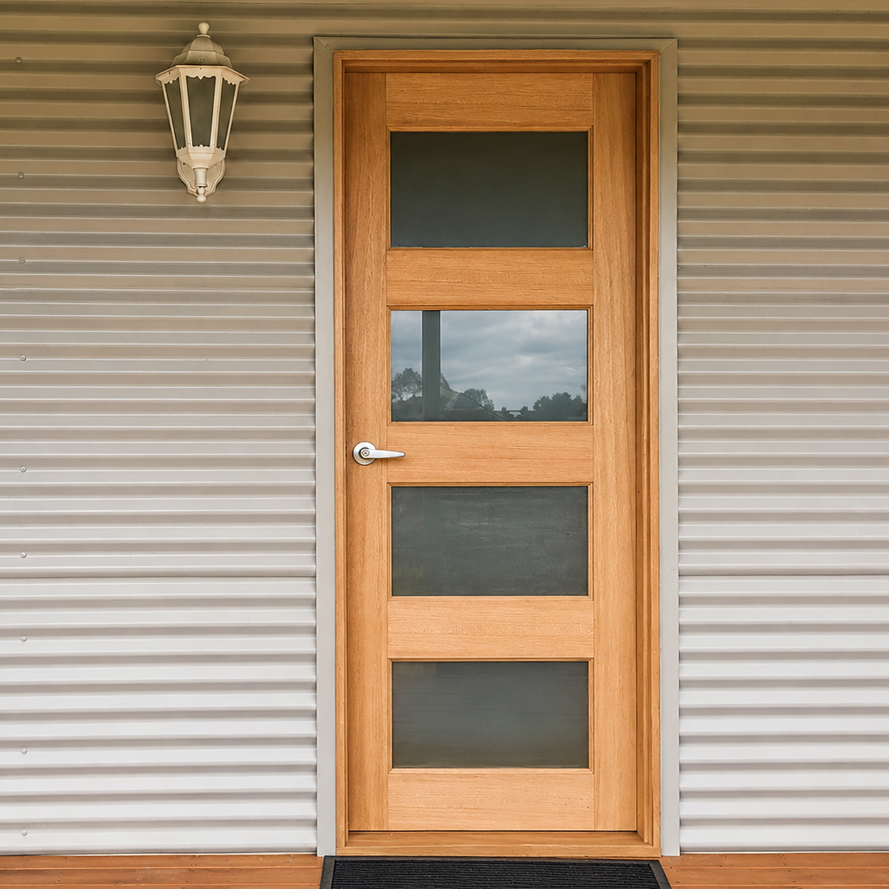 Timber front entry door installed during home renovation