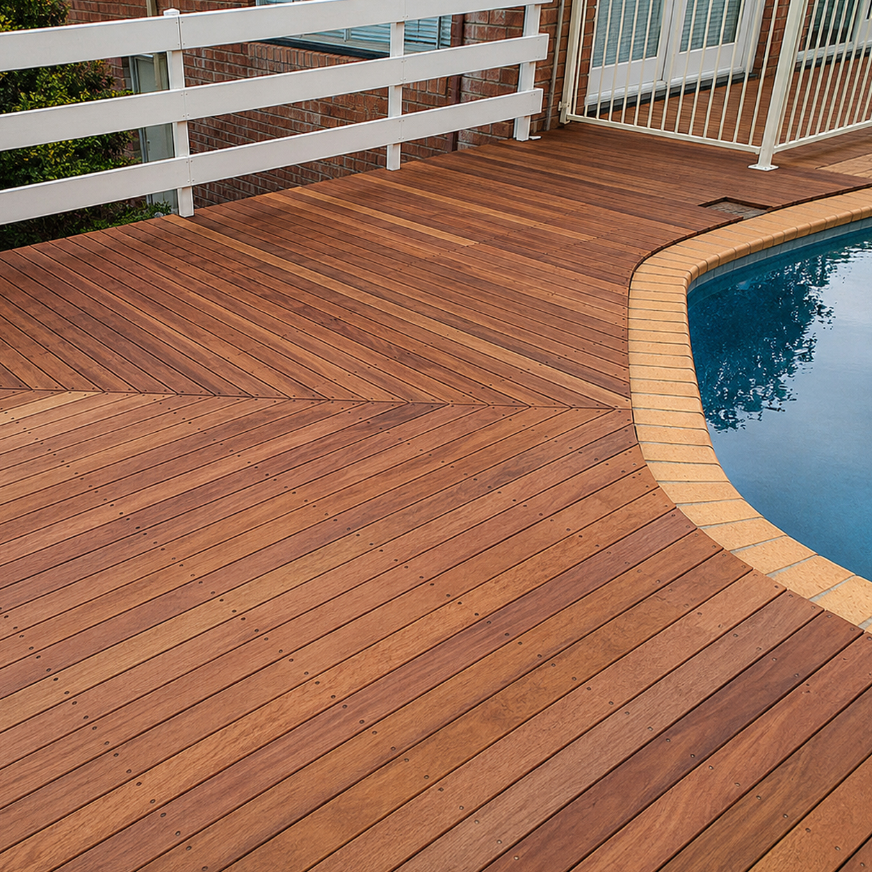 Timber pool decking detail beside residential swimming pool